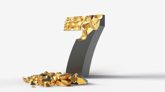 Damaged black number 7 reveals gold inside. 3d illustration, suitable for typewriting, letter, and alphabet themes.