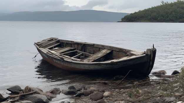 Damaged boat by the lake