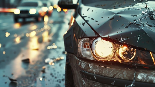 Damaged Car Sitting in Rain