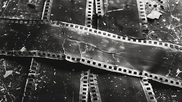 Photo damaged film strips on a work surface in monochrome