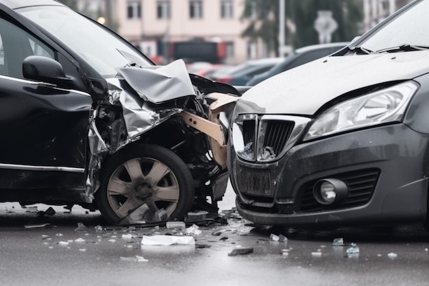 Damaged in heavy car accident vehicles after collision on city street crash site Road safety