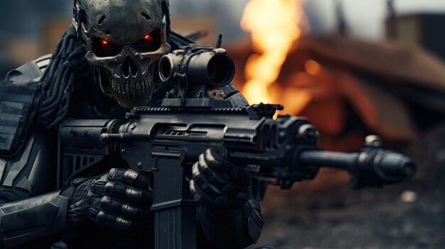 Damaged metal skeleton robot without human shell humanoid with artificial intelligence in destroyed abandoned environment machine in war against humanity metal combat robot and soldier