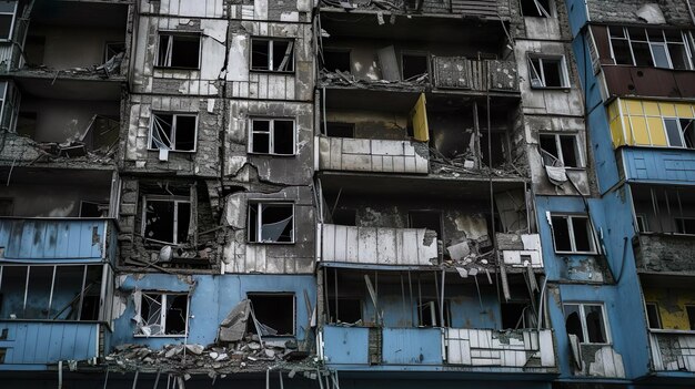 Damaged residential buildings in the aftermath