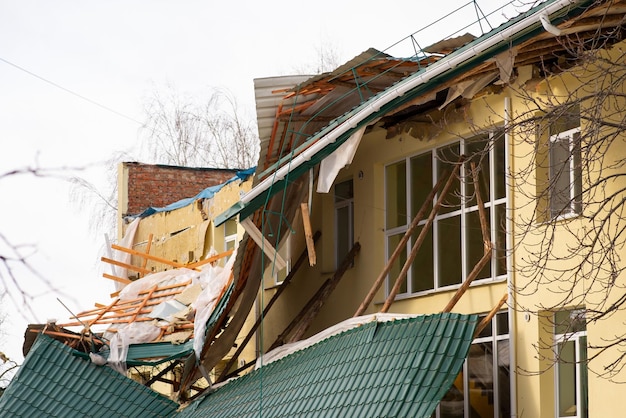 Damaged roof of a kindergarten after strong wind