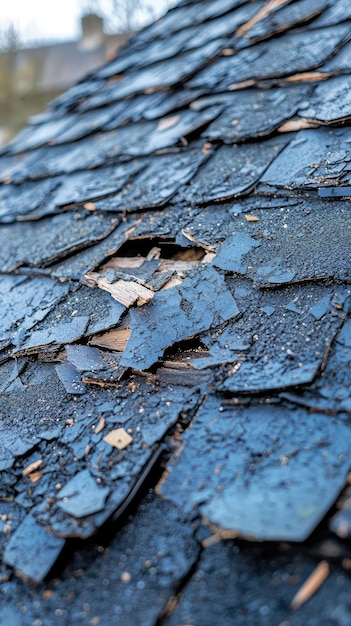 Photo damaged roof with missing shingles shows wear and tear from weather