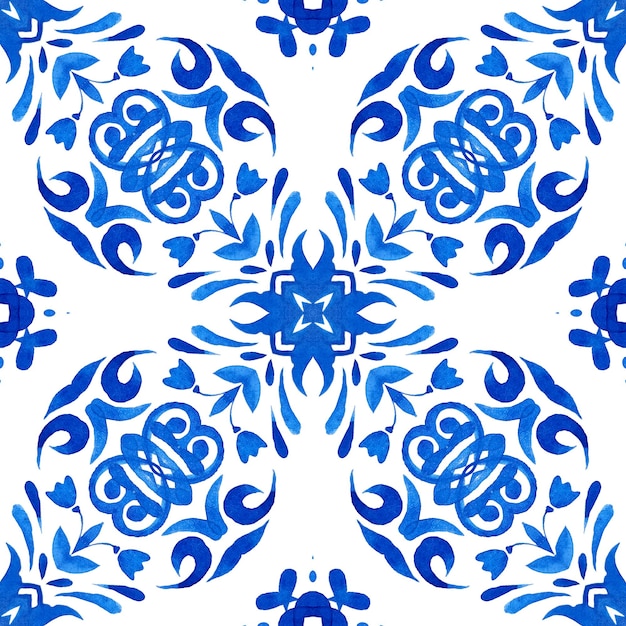 Damask tile seamless ornamental retro watercolor paint pattern Portuguese ceramic tiles inspired Floral cross