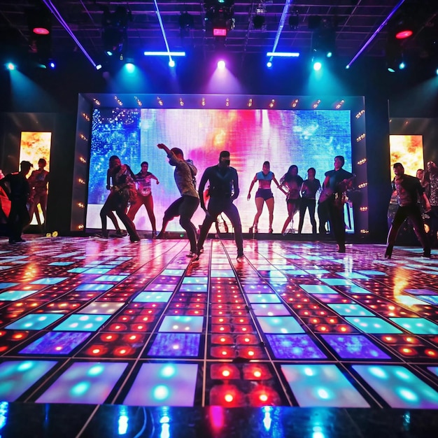 a dance floor with colorful lights and a dance floor