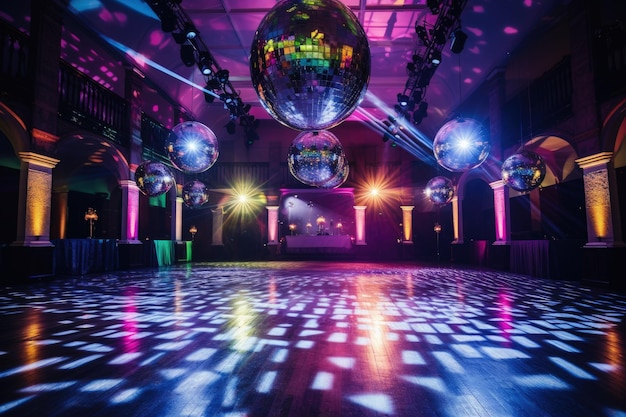 A dance floor with disco balls and disco lights