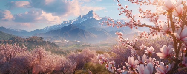 The Dance of Spring Almond Tree in Full Bloom Against the Mountain Range