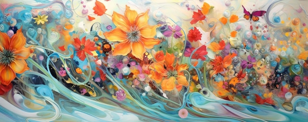 Dance of vibrant flowers and abstract petals forming a whimsical panorama