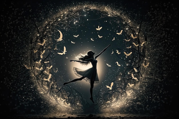 A dancer in a circle with bats around her.