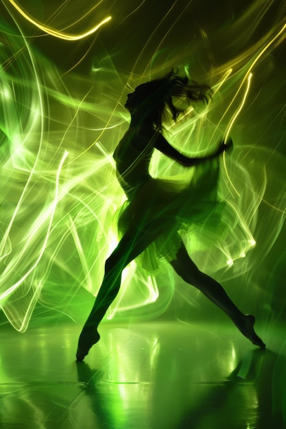 Photo a dancer in motion with green and yellow gel lights creating a dynamic energetic background