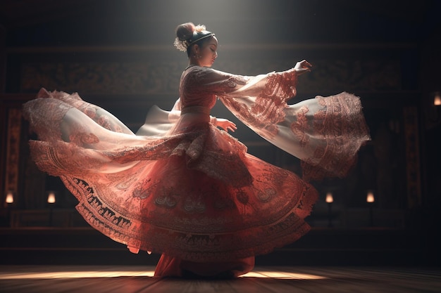 A dancer in a pink dress performs a traditional chinese dance.