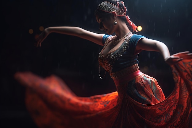 A dancer in a red skirt is dancing in the rain.