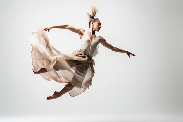 A dancer in a white dress is jumping in the air.