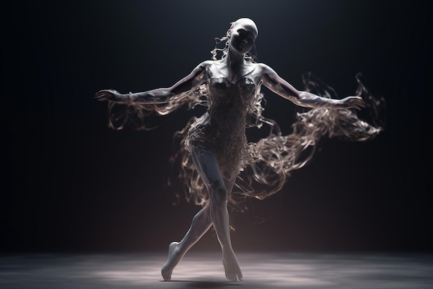 A dancer in a white dress stands in front of a black background with the word dance on it.