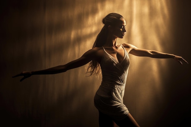 A dancer in a white dress stands in front of a light that is on a wall.