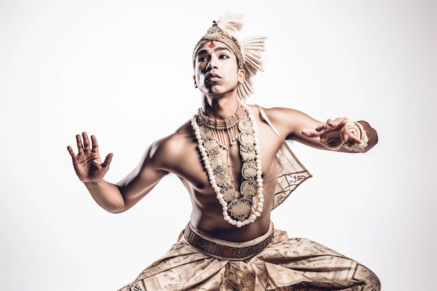 A dancer in a white dress with a feathered headdress and a white background.