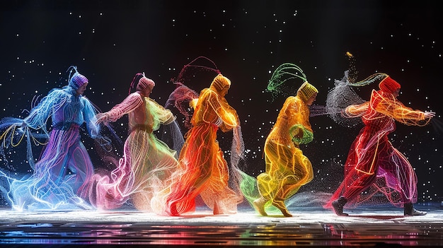 Dancers in Costumes with Fluorescent Lines