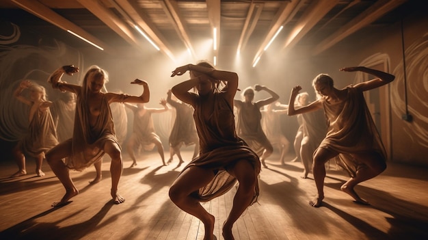 dancers in a dance studio with a light shining through the ceiling generative ai