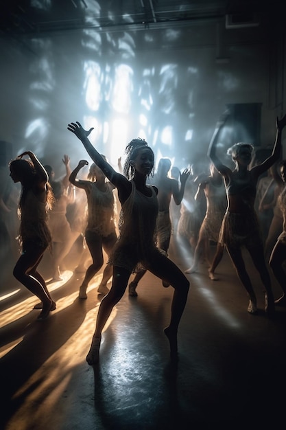 dancers in a dance studio with light streaming through the windows generative ai