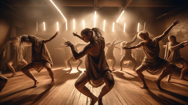 dancers in a dance studio with lights shining on them generative ai