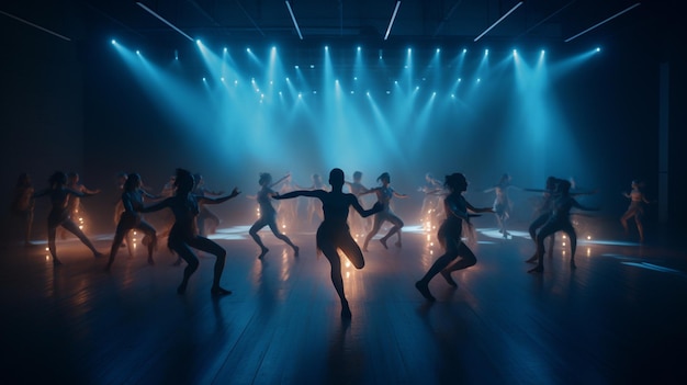 dancers in a dark room with bright lights and spotlights generative ai