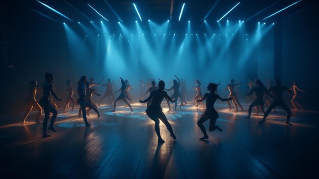 dancers in a dark room with bright lights and spotlights generative ai