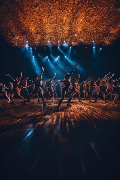 dancers in a dark room with bright lights and a wooden floor generative ai