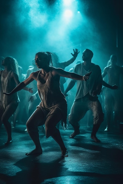 dancers in a dark room with smoke coming from their heads generative ai