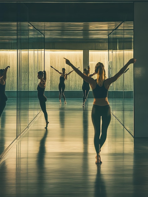 Photo dancers rehearsing in a studio with mirrored walls