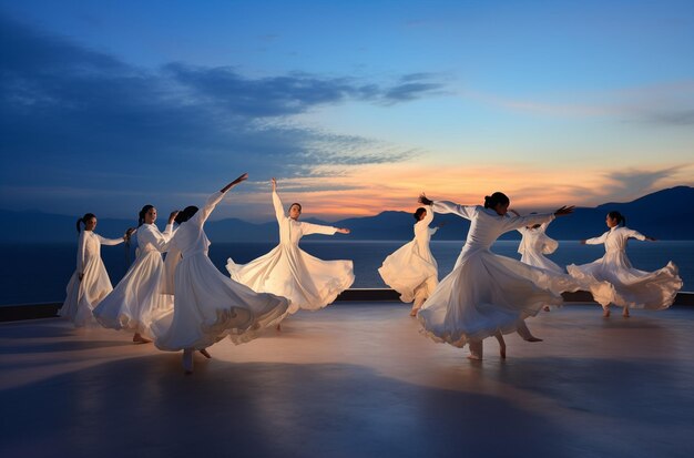 Dancers In White Dresses Performing At Sunset By The Sea