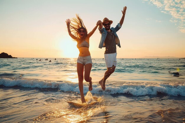 Photo dancing on the beach young couple having fun by the seadancing and being happy