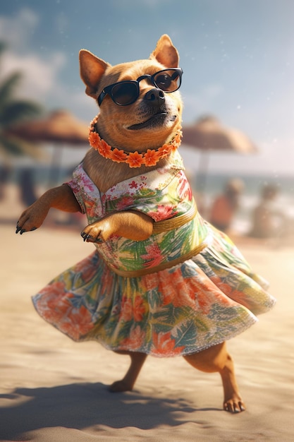 Dancing dog in a dress on the summer beach party