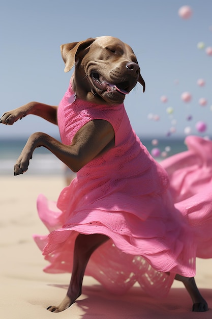 Dancing dog in a dress on the summer beach party