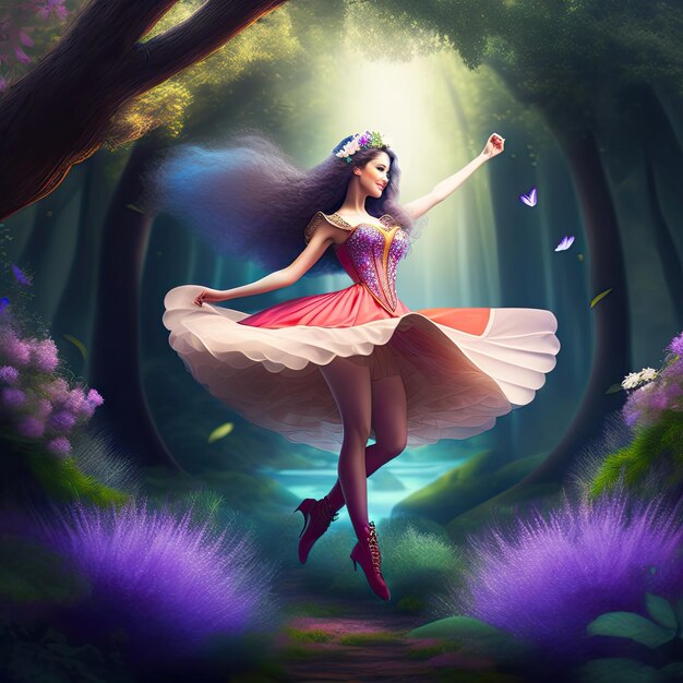 Dancing fairy in an enchanted magical forest Digital artwork