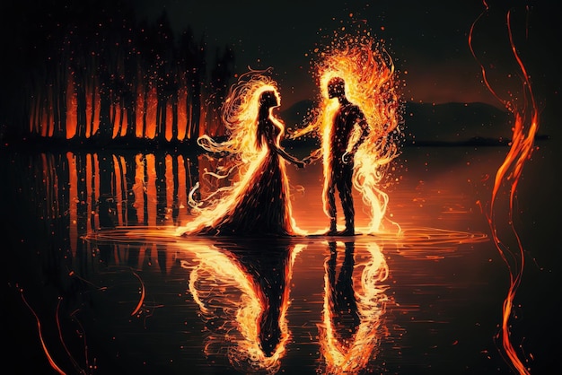 Dancing flames of male and female by a lake