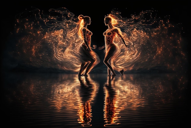 Dancing flames of male and female by a lake