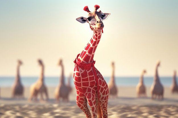 Dancing giraffe in a dress on the summer beach party