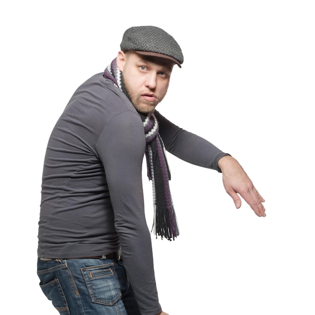 Dancing man in a gray cap and a gray scarf Isolated