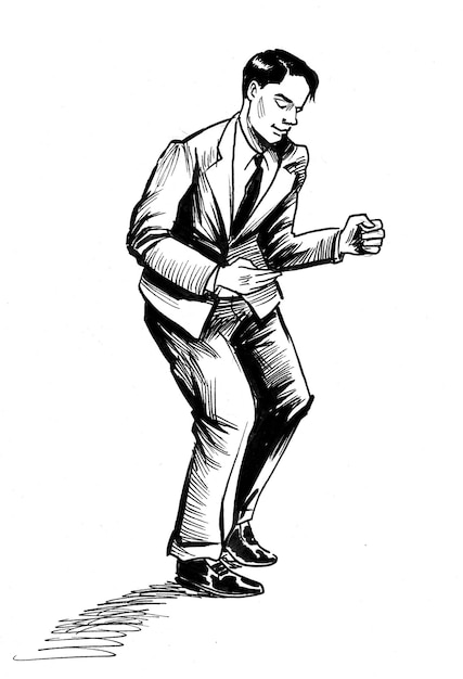 Dancing man. Ink black and white drawing