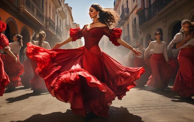 Dancing spanish woman dressed as sevillanas at a traditional