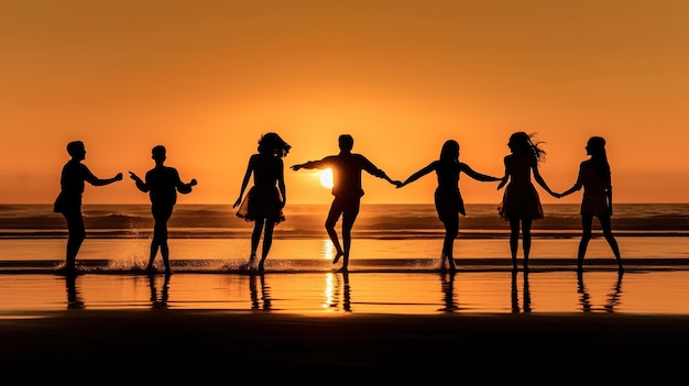 Dancing in the Sunset Silhouettes of Friends on the Beach at a Beautiful Vacation Destination Generative AI