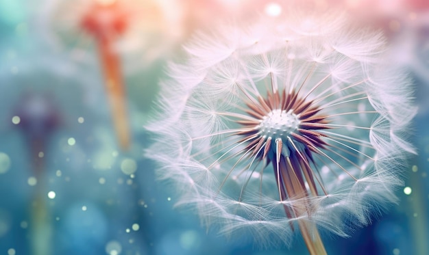 Dandelion develops in the wind A flower at sunrise in a field For banner postcard book illustration card Created with generative AI tools