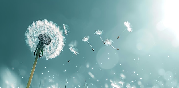 Dandelion dispersing in the air against a blue background The concept of lightness and freedom