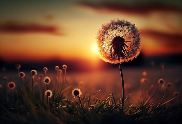 Dandelion In Field At SunsetxAillustration AI generative