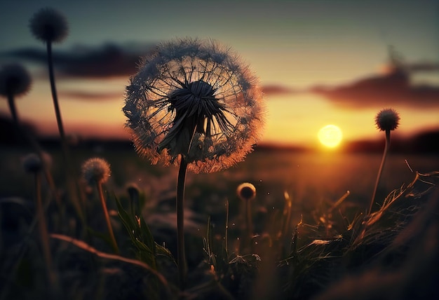 Dandelion In Field At SunsetxAillustration AI generative