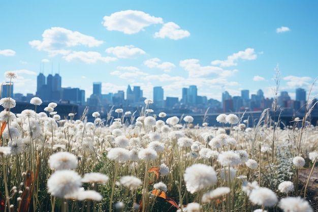 Dandelion flower field with city skyline in the background