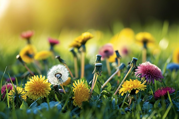 Dandelion flowers and dandelion seeds in green grass