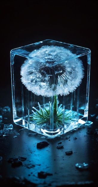 Dandelion frozen in an ice cube